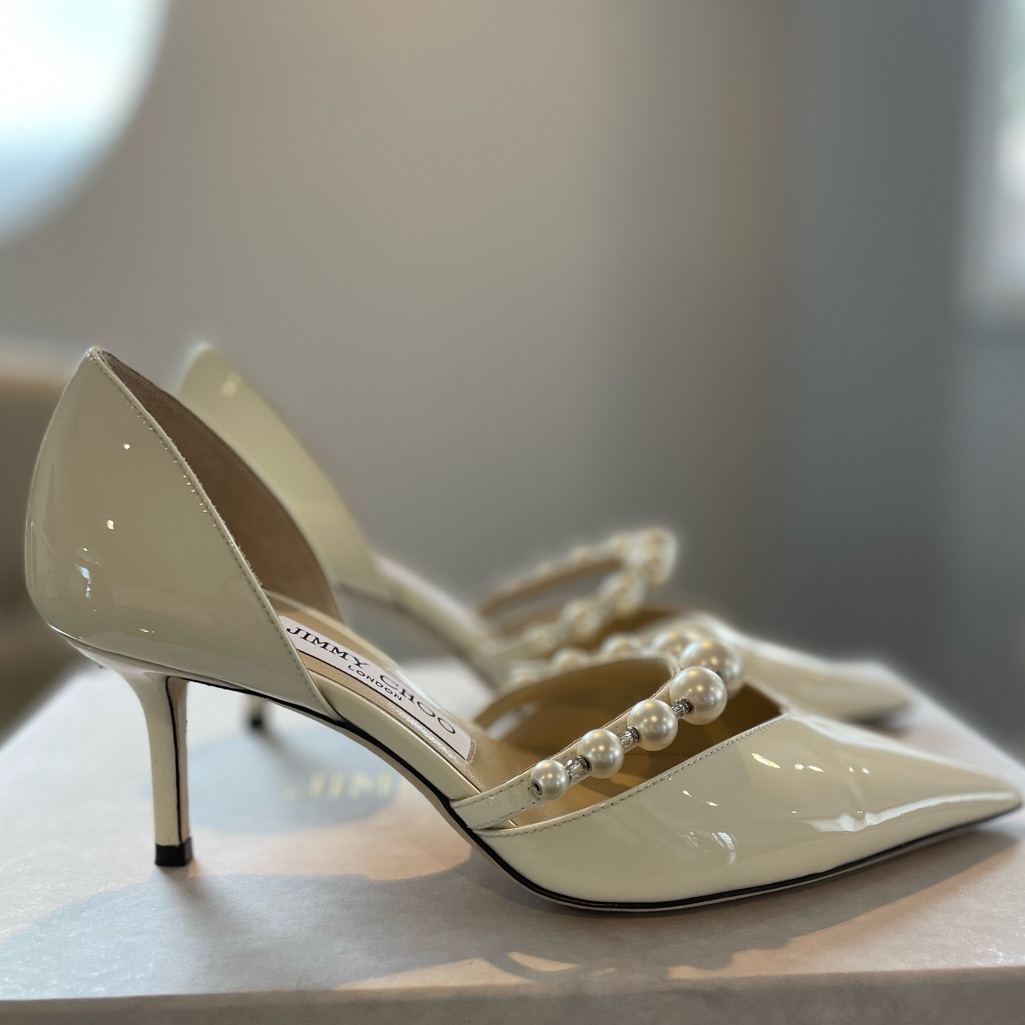 Jimmy Choo - Latte/White Patent Leather With Pearls. Size 36, 2.5 Inch Heel